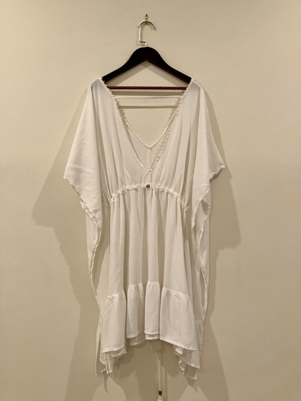 Creamy White Pearl Lined Tassel Trim Midi Swimsuit Cover Up
